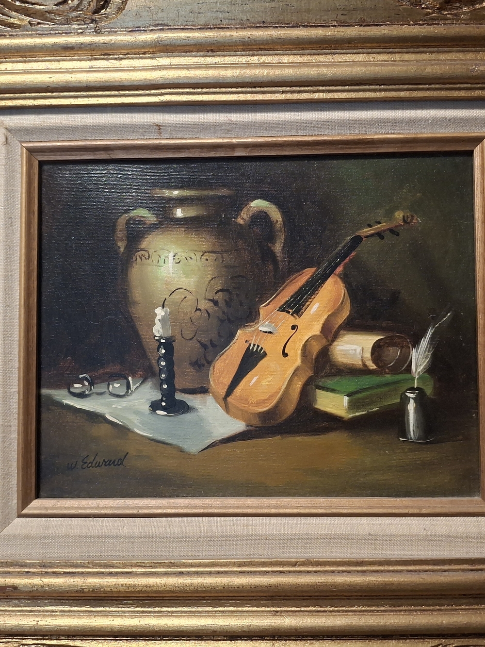 Vintage Violin Original Oil Painting By W. Edward Gold Frame, Signed